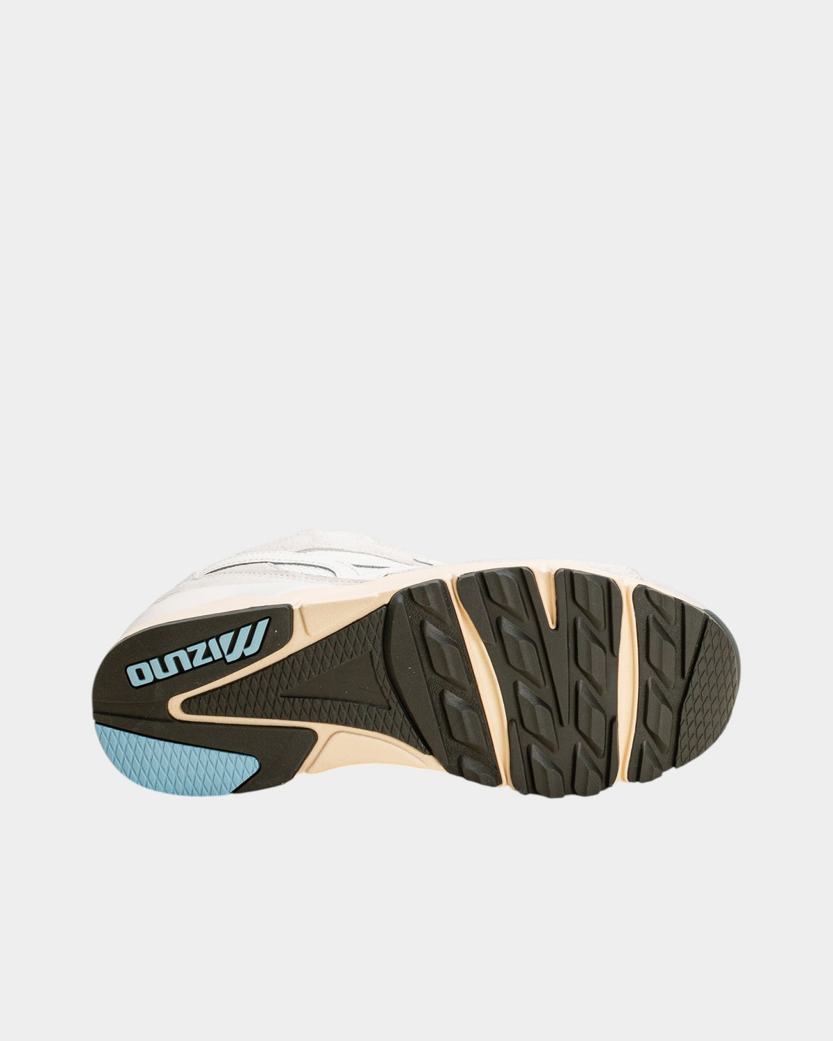 Lockwood Avenue Mizuno Sky Medal sneaker showing the durable black and light blue rubber outsole tread pattern