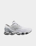 Lockwood Avenue Mizuno Wave Prophecy LS sneakers in white, silver, and harbor mist with exposed Infinity Wave sole.