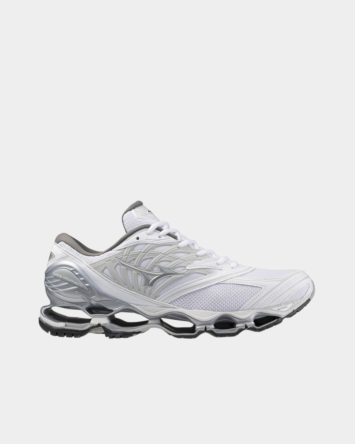 Lockwood Avenue Mizuno Wave Prophecy LS sneakers in white, silver, and harbor mist with exposed Infinity Wave sole.