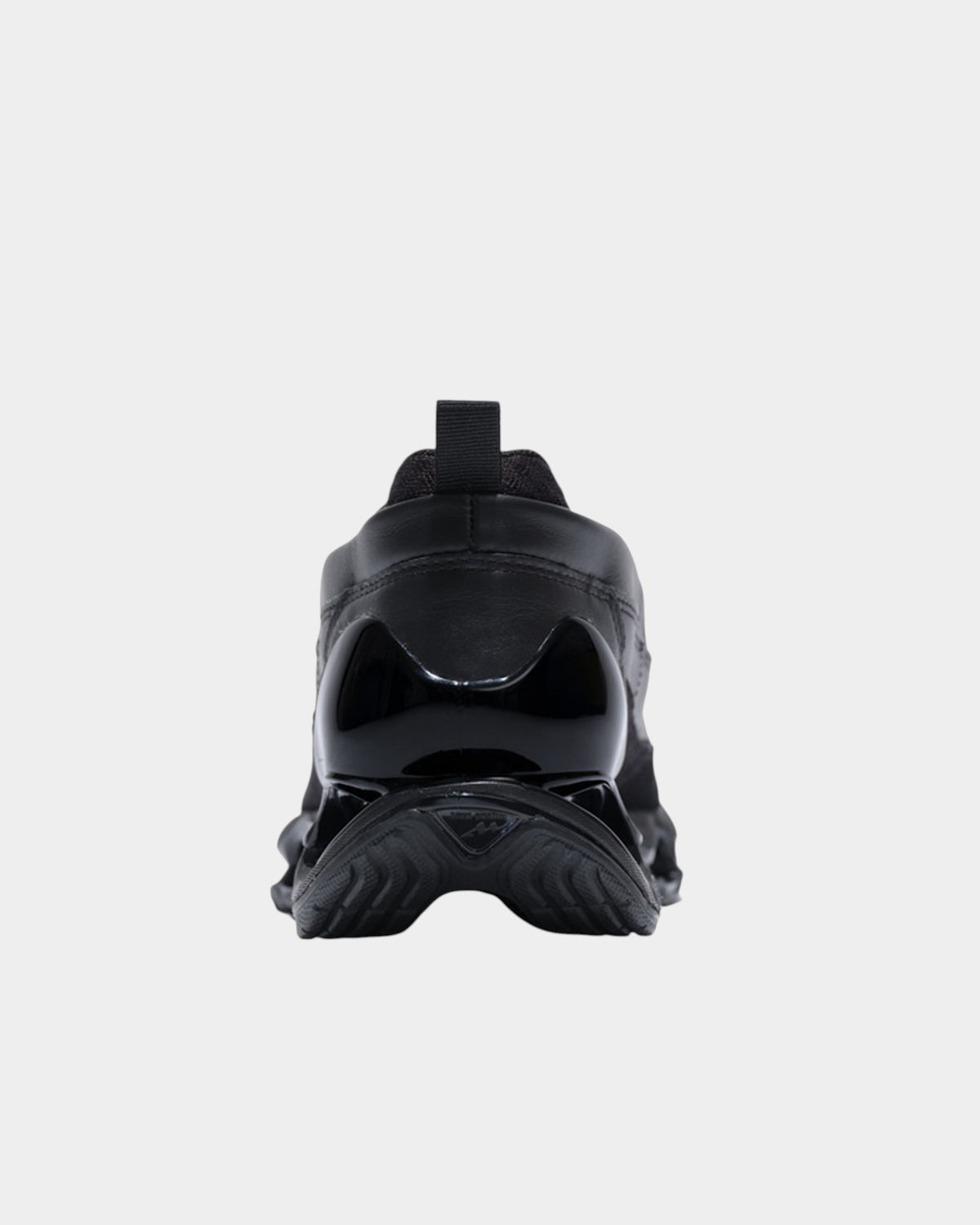 Lockwood Avenue Mizuno SL Wave Prophecy Moc shoes in all black, showing the rear view of the Infinity Wave sole.