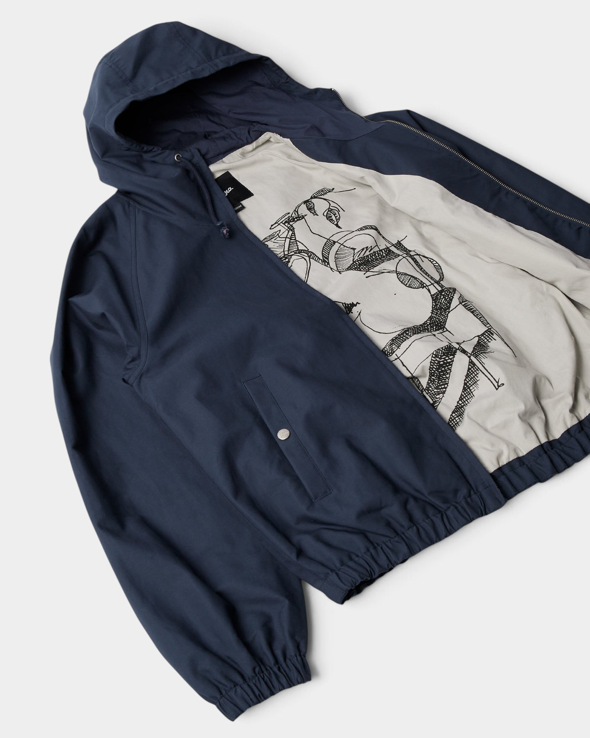 Lockwood Avenue by Parra navy water-repellent cotton shell jacket with a custom printed lining and hood.
