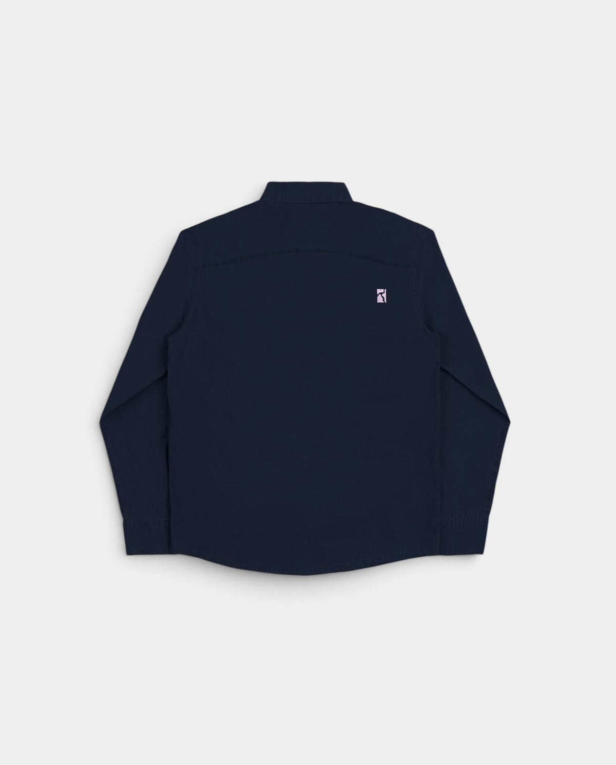 Lockwood Avenue navy organic cotton shirt with small embroidered logo on the back