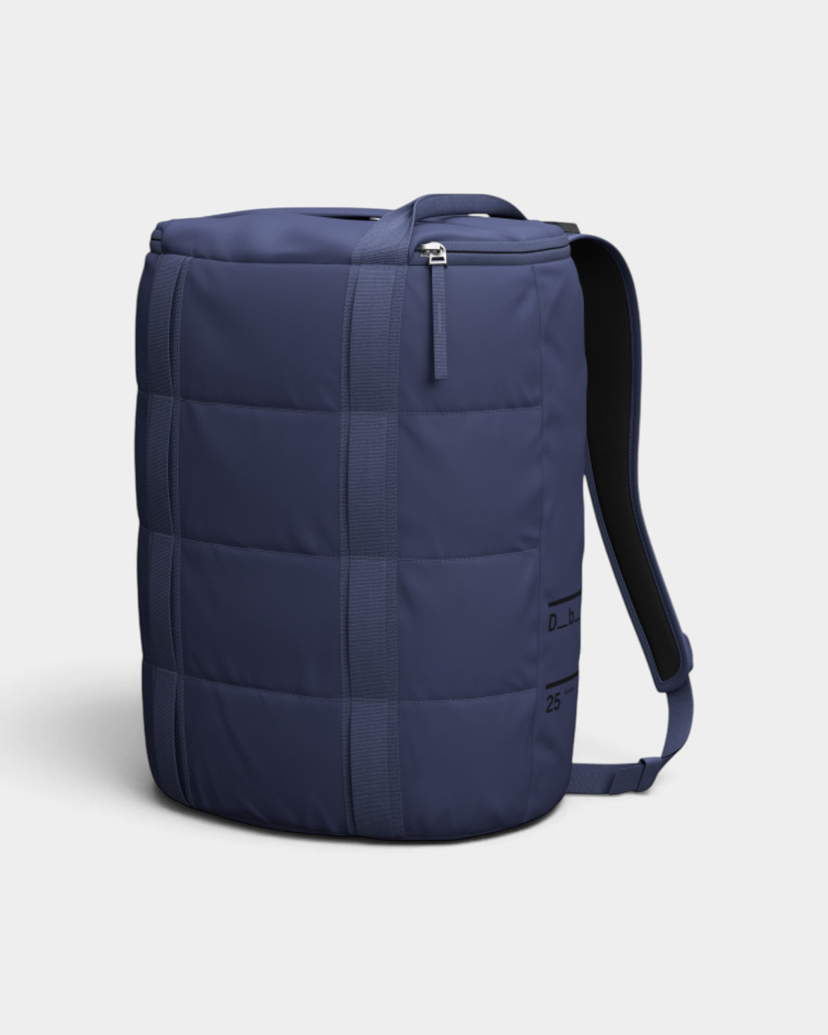 Lockwood Avenue DB Journey 25L navy blue barrel-style duffel backpack with ergonomic straps and weather-resistant fabric