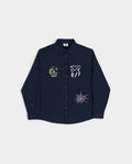 Lockwood Avenue navy organic cotton shirt with three screen printed graphics and embroidered logo