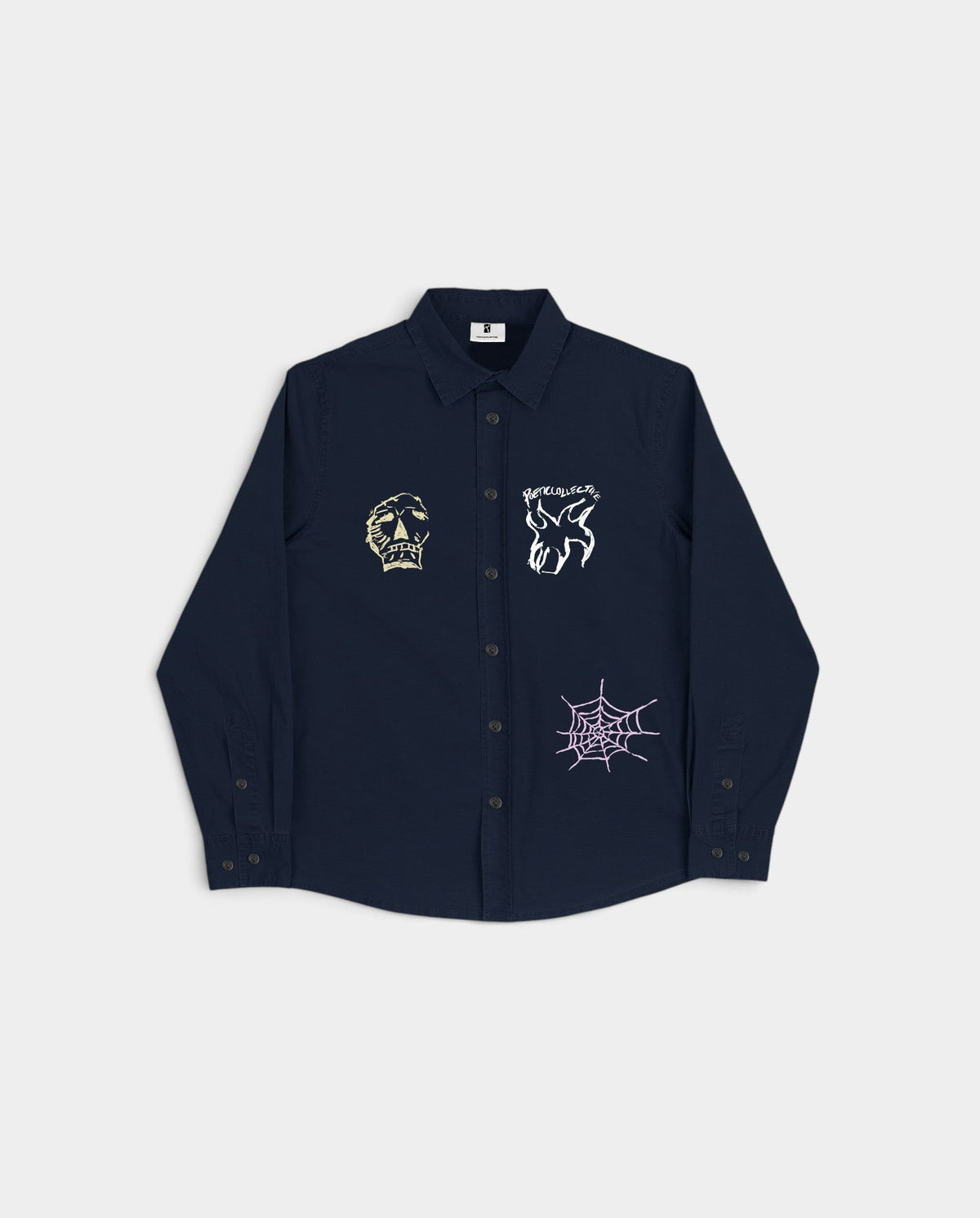 Lockwood Avenue navy organic cotton shirt with three screen printed graphics and embroidered logo
