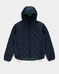 Lockwood Avenue Pop Trading Company navy quilted nylon hooded jacket with green lining and front zip pockets