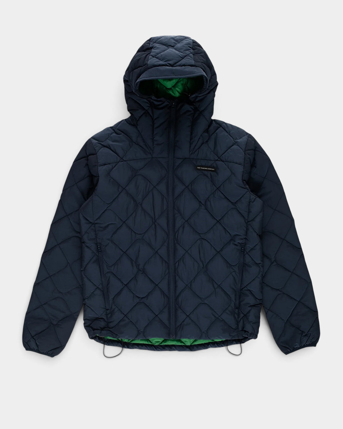 Lockwood Avenue Pop Trading Company navy quilted nylon hooded jacket with green lining and front zip pockets