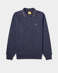 Lockwood Avenue navy cotton rugby sweatshirt featuring wavy coverstitch seams, a three-button placket, and logo.