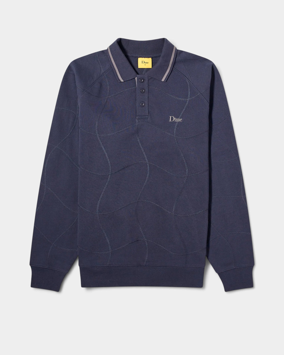 Lockwood Avenue navy cotton rugby sweatshirt featuring wavy coverstitch seams, a three-button placket, and logo.