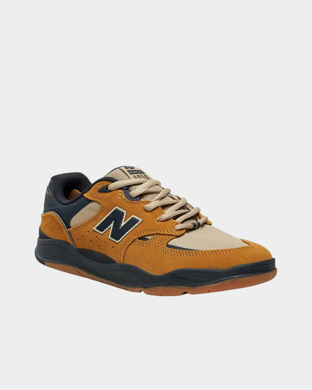 Lockwood Avenue NB Numeric Tiago Lemos 1010 skate shoes in wheat-brown suede and mesh with navy blue accents.