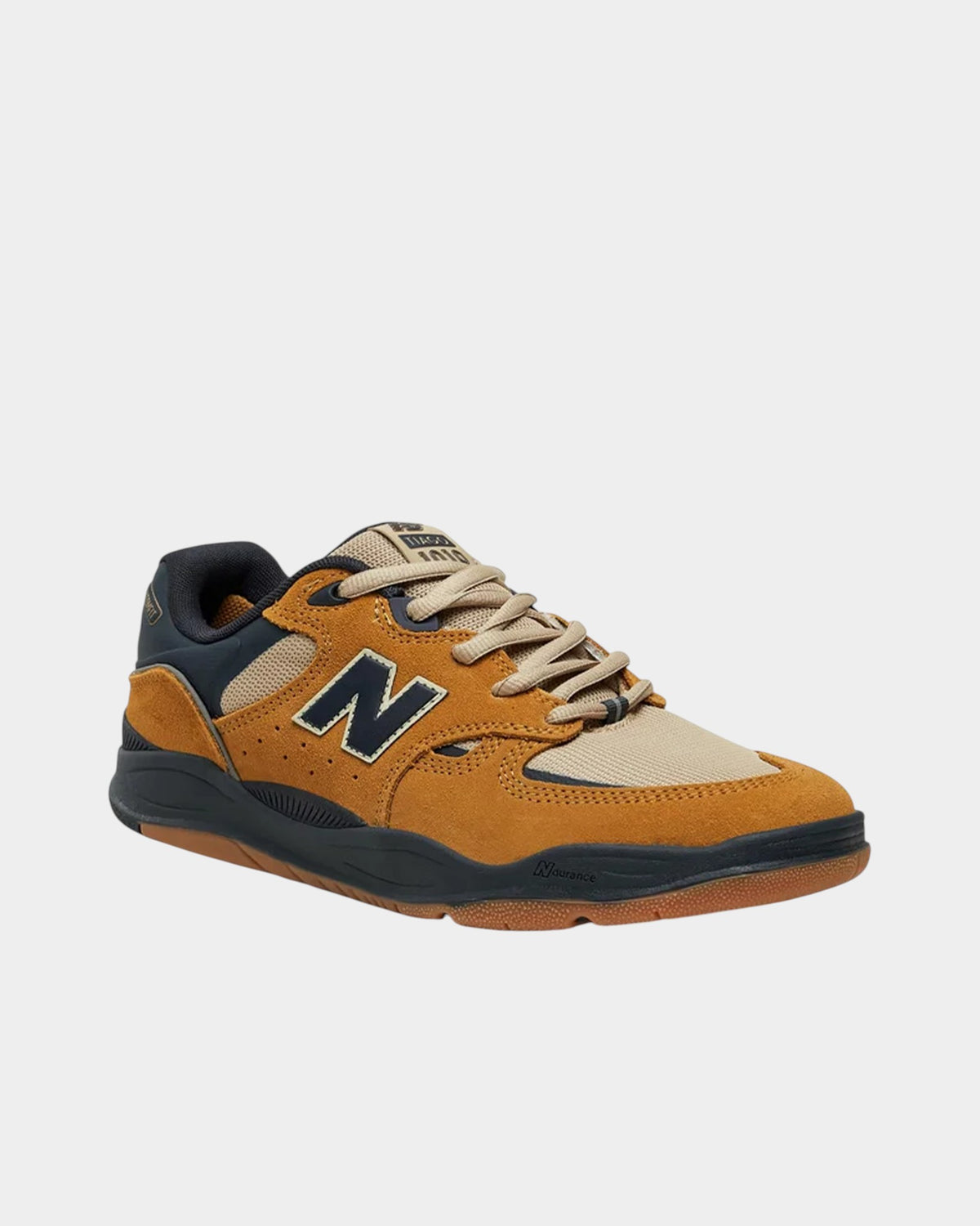 Lockwood Avenue NB Numeric Tiago Lemos 1010 skate shoes in wheat-brown suede and mesh with navy blue accents.