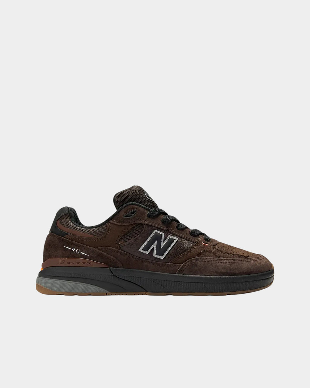 Lockwood Avenue NB Numeric Andrew Reynolds 933 skate shoes in brown and black suede with mesh and ABZORB midsole.