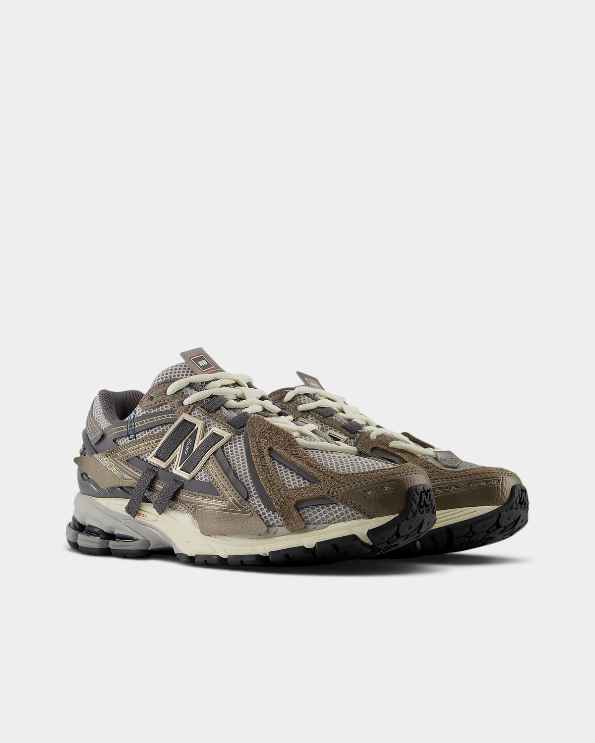 Lockwood Avenue New Balance 1906A sneakers in slate gray mesh and thunder brown suede with deconstructed raw edges.