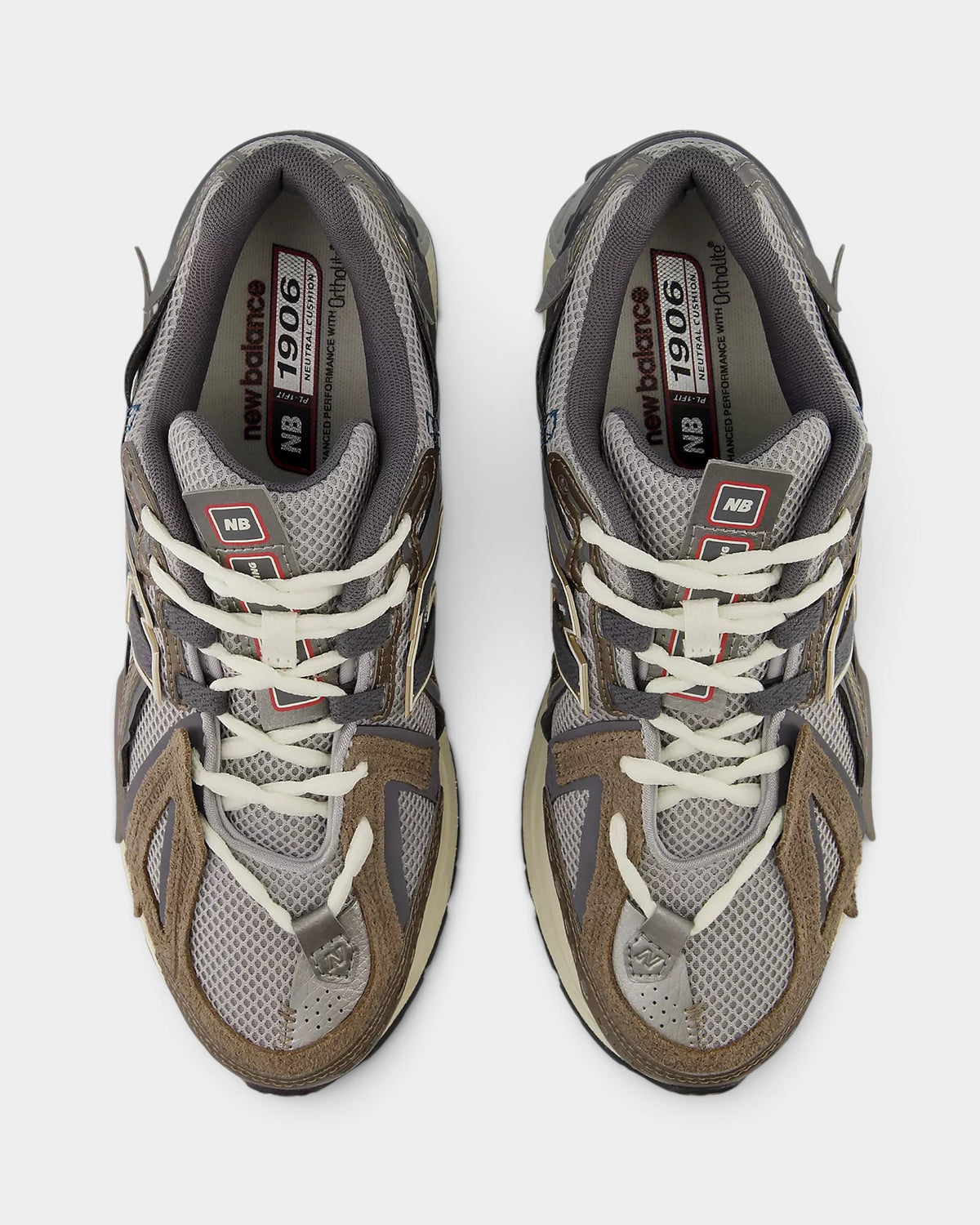 Lockwood Avenue New Balance 1906A sneakers in slate gray mesh and thunder brown suede with deconstructed raw edges.