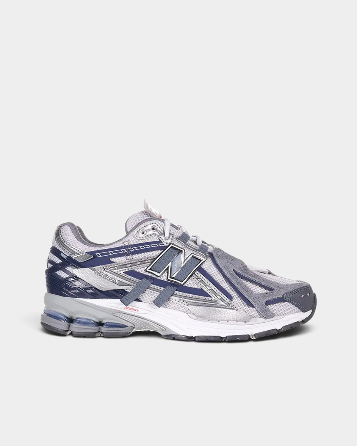 Lockwood Avenue New Balance 1906A sneakers in graphite gray mesh with blue synthetic overlays and N-ergy cushioning.