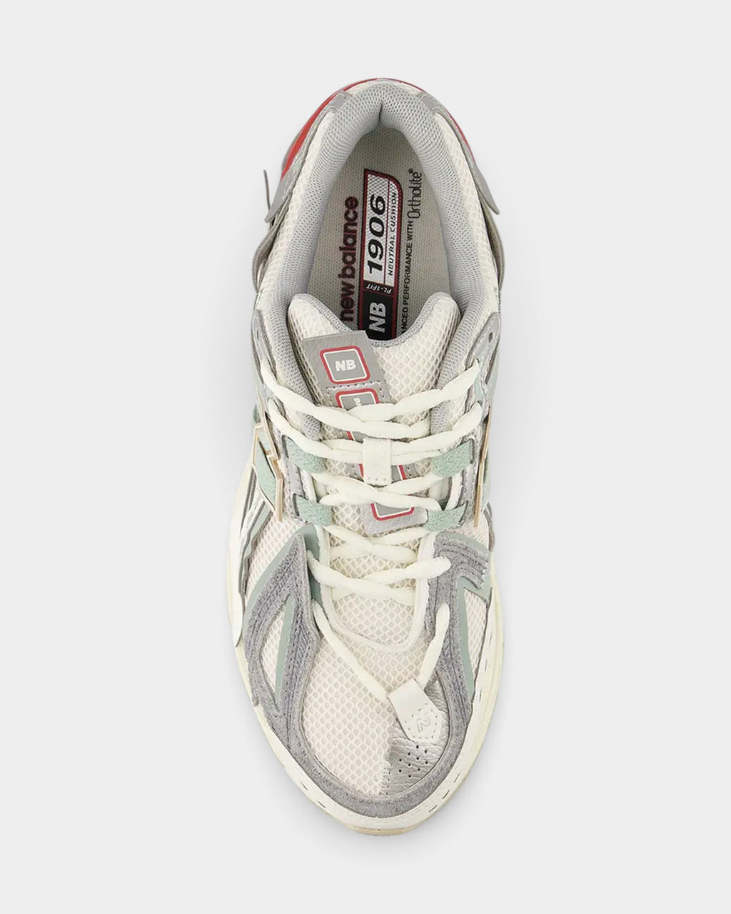 Lockwood Avenue New Balance 1906A sneakers in off-white mesh with sage green, grey, and red heel details, top view.
