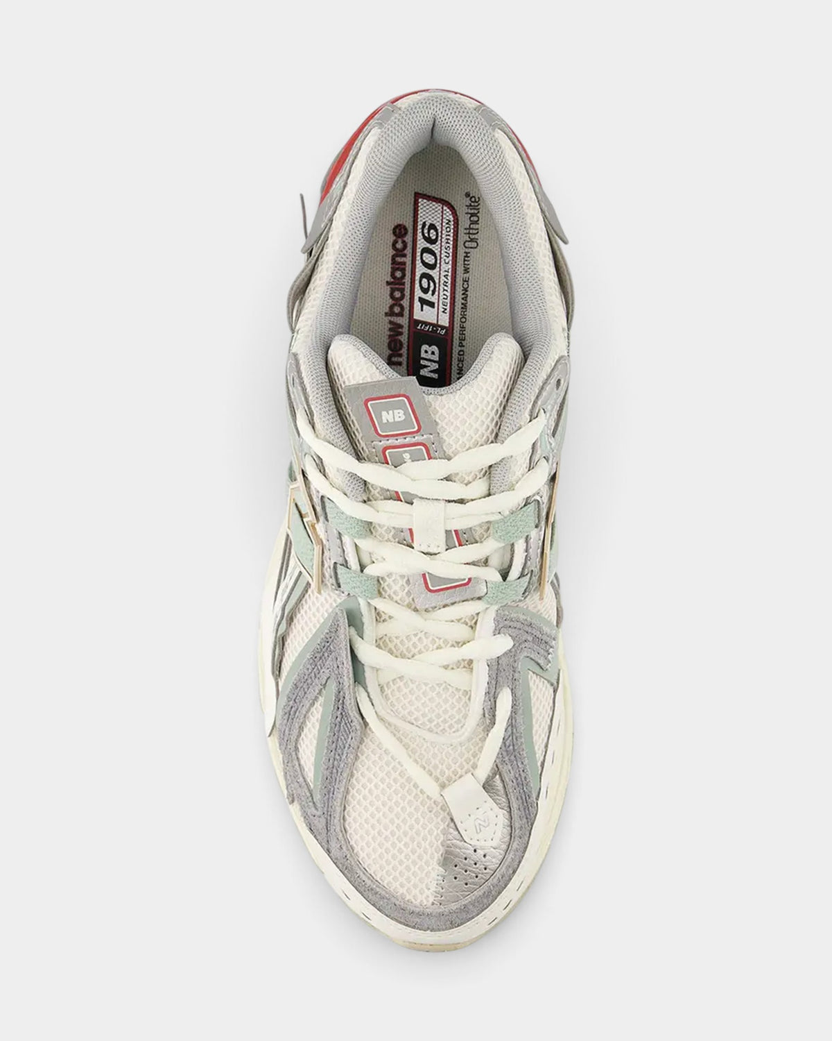 Lockwood Avenue New Balance 1906A sneakers in off-white mesh with sage green, grey, and red heel details, top view.