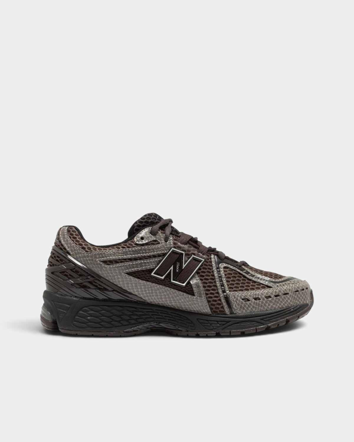 Lockwood Avenue New Balance 1906R sneaker in brown with snakeskin-print synthetic overlays and open mesh base