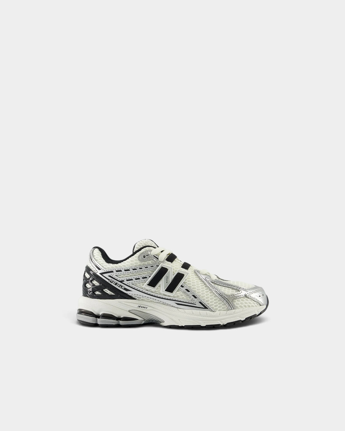 Lockwood Avenue New Balance 1906R grade-school sneakers in silver metallic and black with open-mesh and synthetic upper