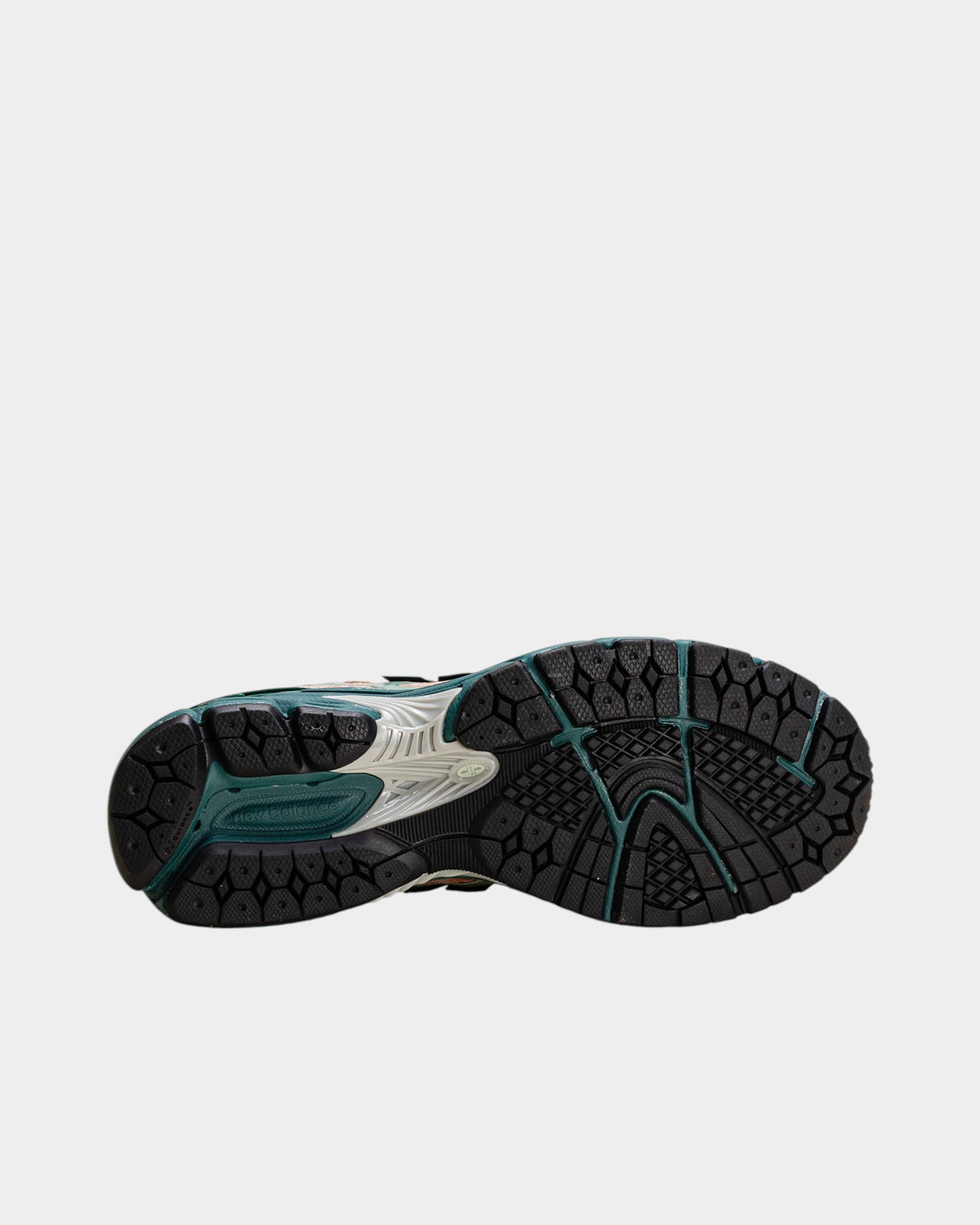 Lockwood Avenue New Balance 1906W sneakers featuring a durable black rubber outsole with green and grey accents.