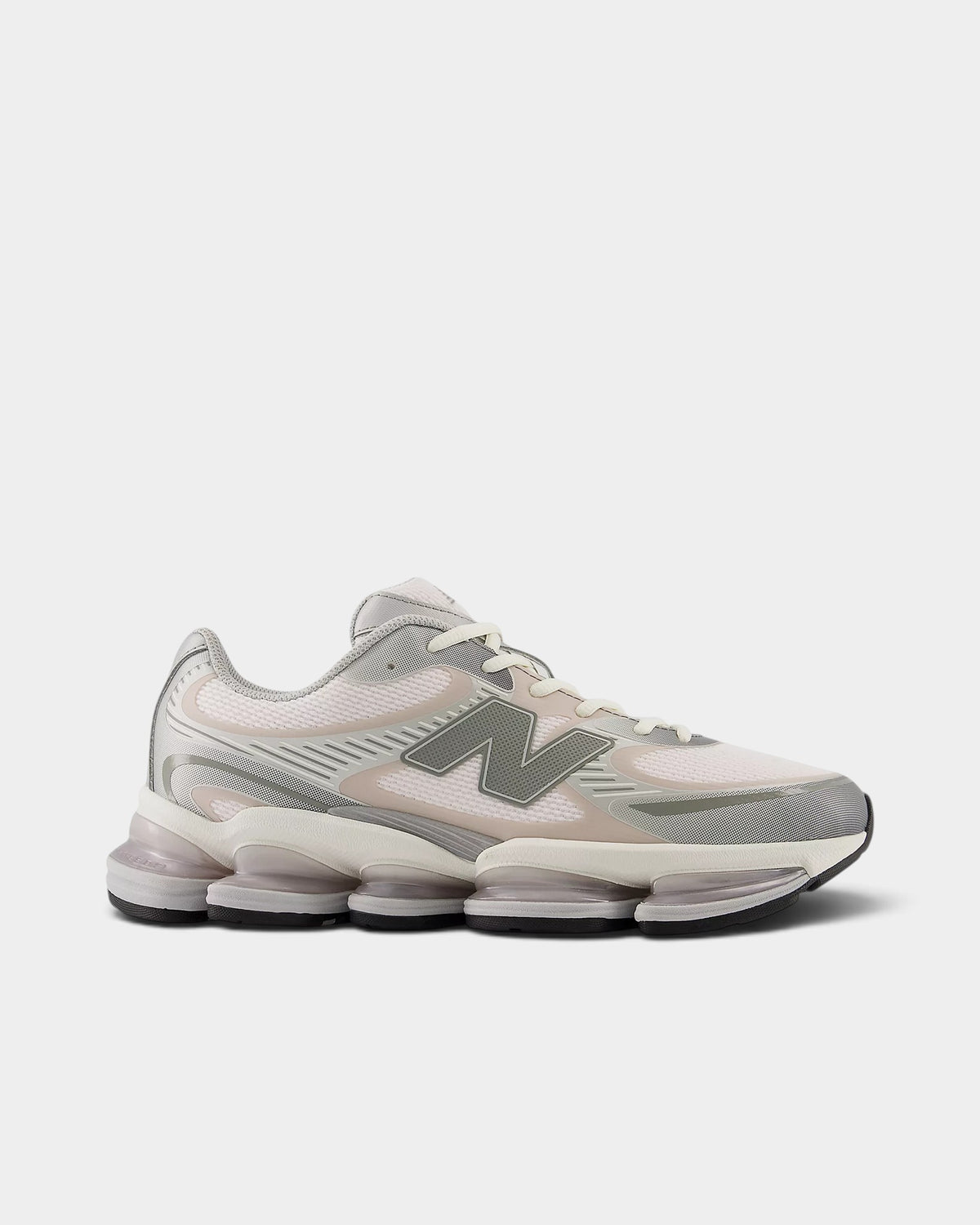 Lockwood Avenue New Balance 2000 runner in white mesh with gray, silver overlays and pink salt piping details.