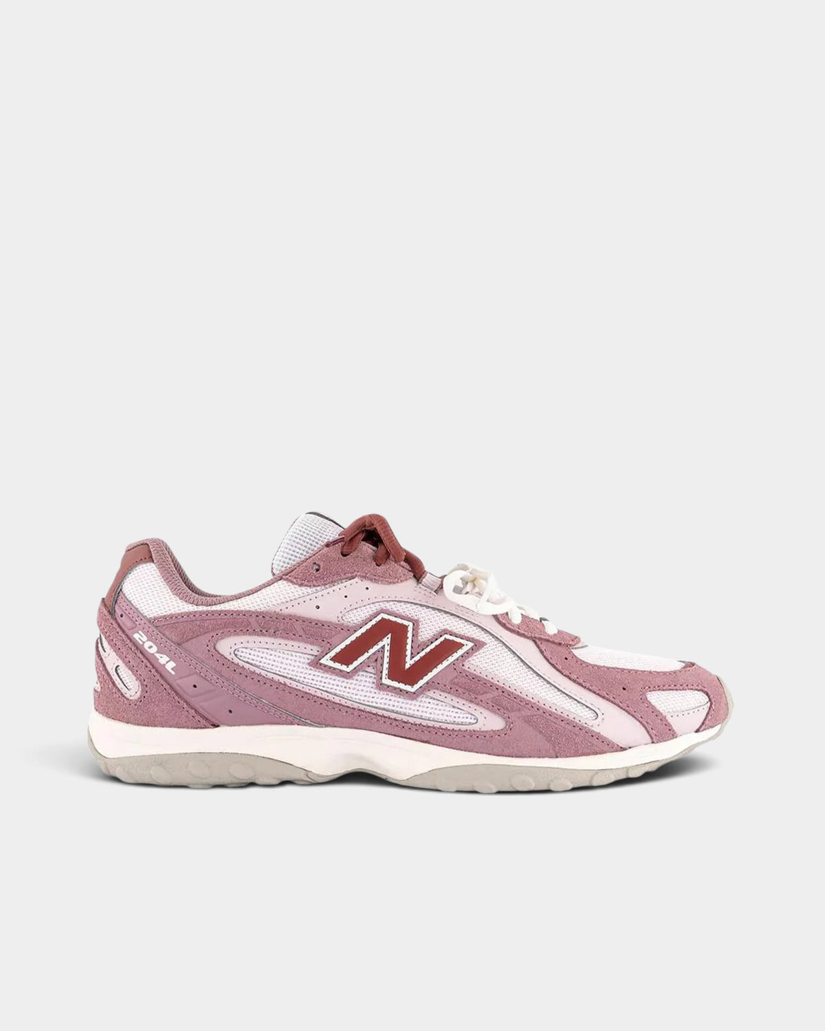 Lockwood Avenue New Balance 204L sneakers in rosewood suede and mesh with pink, white, and red accents.