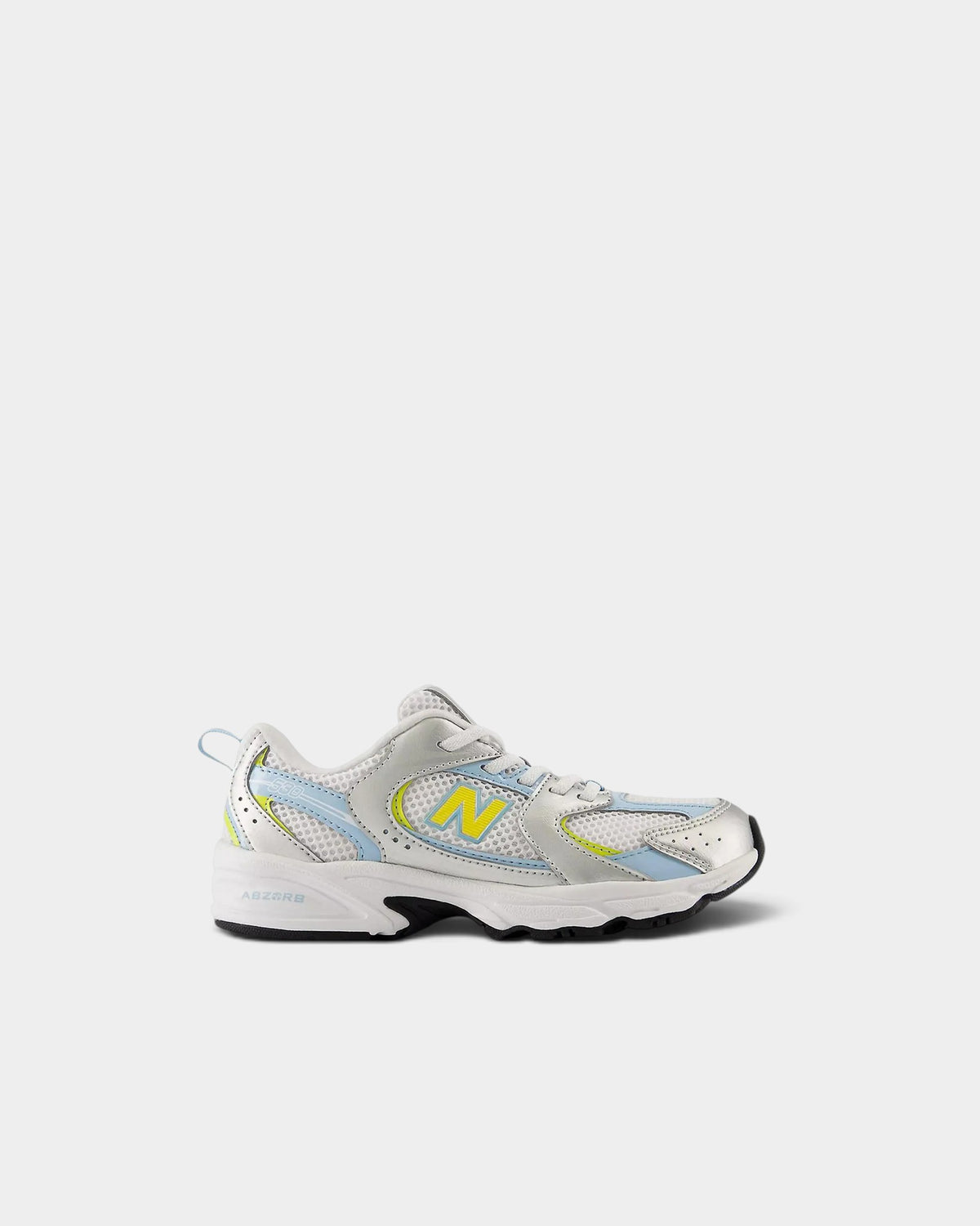 Lockwood Avenue New Balance 530 kids sneakers in silver metallic mesh with cloud blue and yellow accents