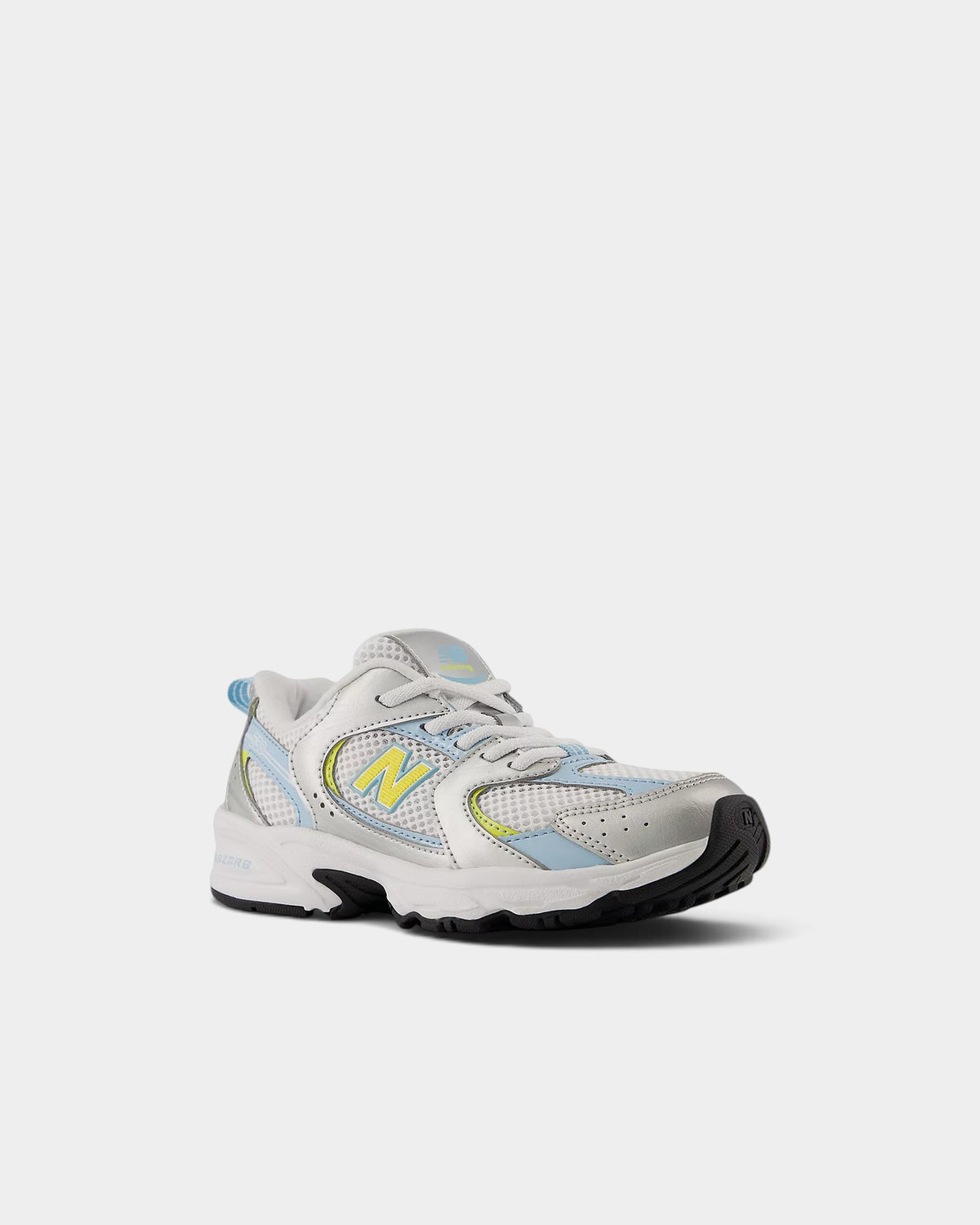 Lockwood Avenue New Balance 530 kids sneakers in silver metallic mesh with cloud blue and yellow accents