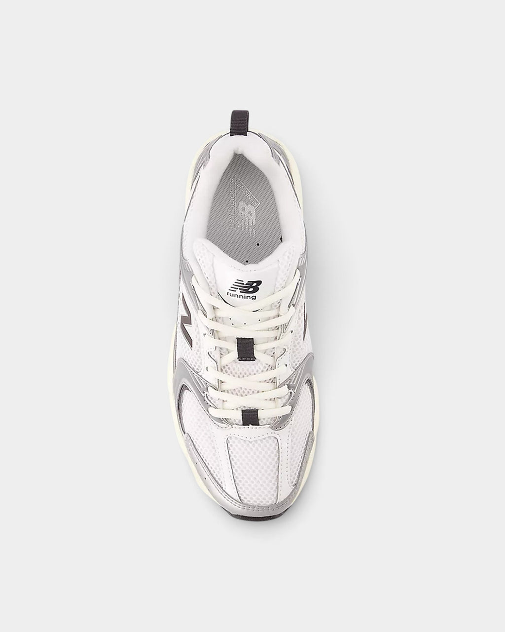 Lockwood Avenue New Balance 530 white mesh retro running shoes with silver synthetic overlays and ABZORB midsole