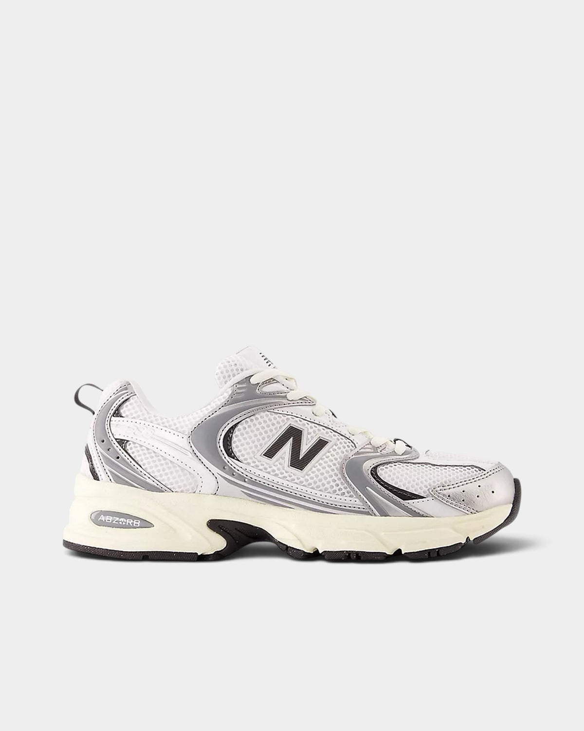 Lockwood Avenue New Balance 530 retro runner in white and silver mesh with ABZORB midsole cushioning.