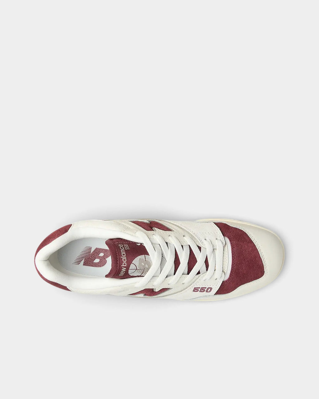 Lockwood Avenue New Balance 550 sneakers in sea salt off-white leather with classic crimson burgundy accents