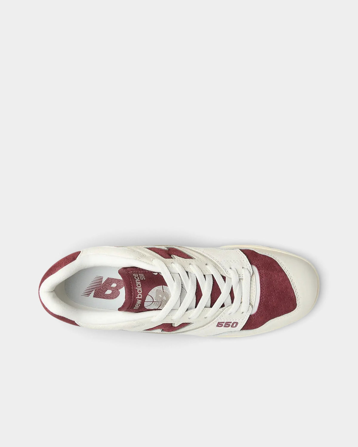 Lockwood Avenue New Balance 550 sneakers in sea salt off-white leather with classic crimson burgundy accents