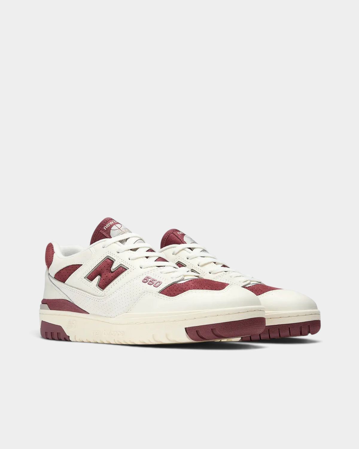 Lockwood Avenue New Balance 550 low-top basketball sneakers in sea salt off-white leather with classic crimson accents