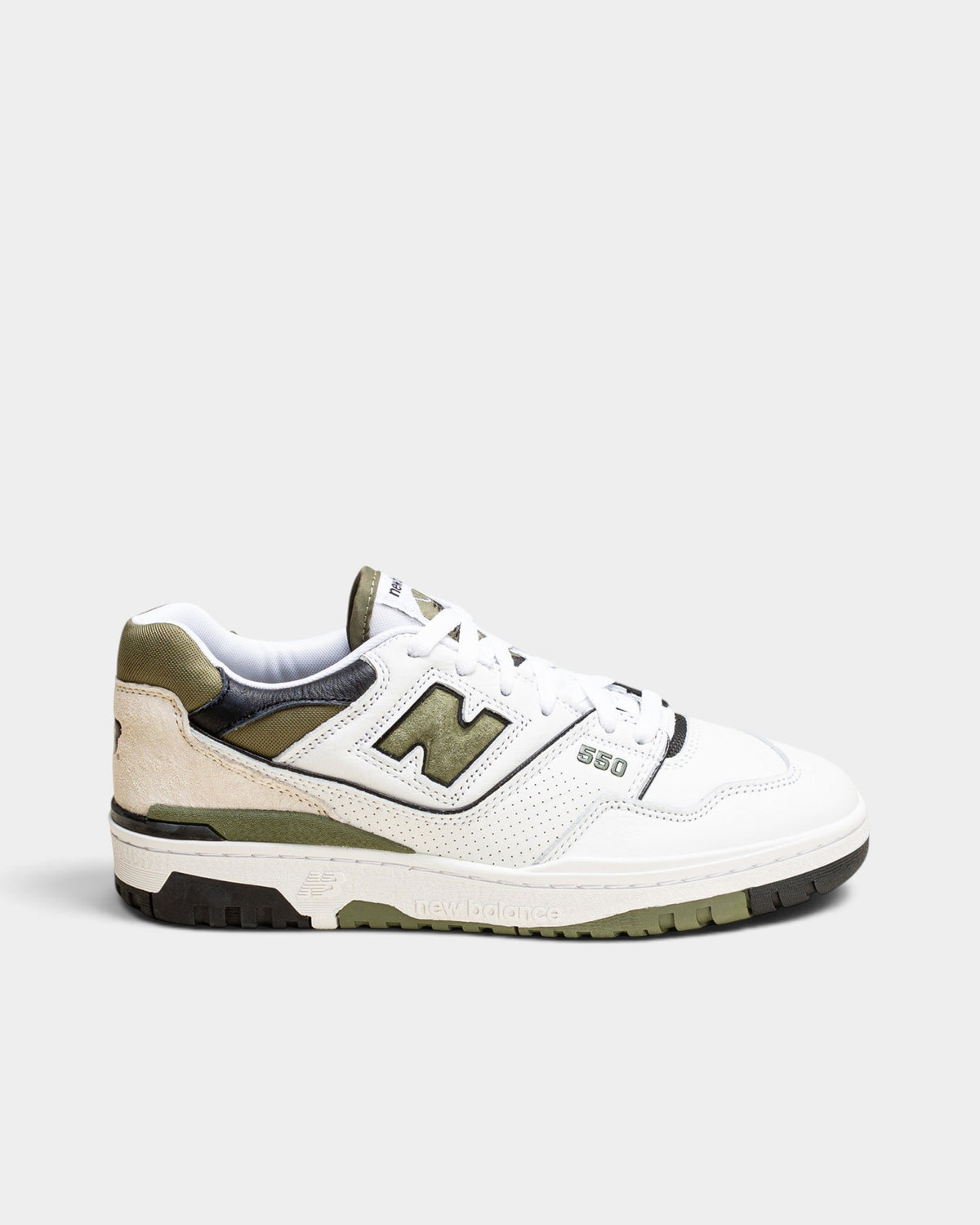 Lockwood Avenue New Balance 550 low-top sneakers in white leather with dark olivine accents and black N logo