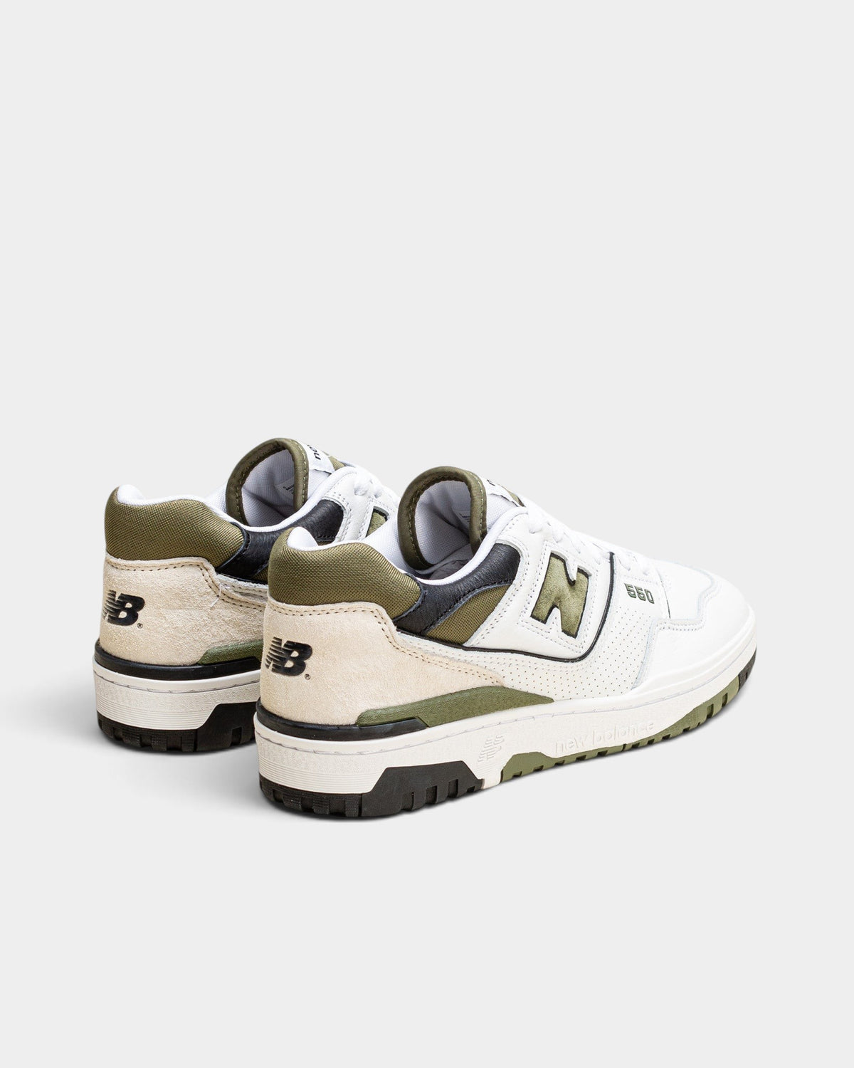 Lockwood Avenue New Balance 550 low-top sneakers in white leather with dark olivine accents and cream suede heel