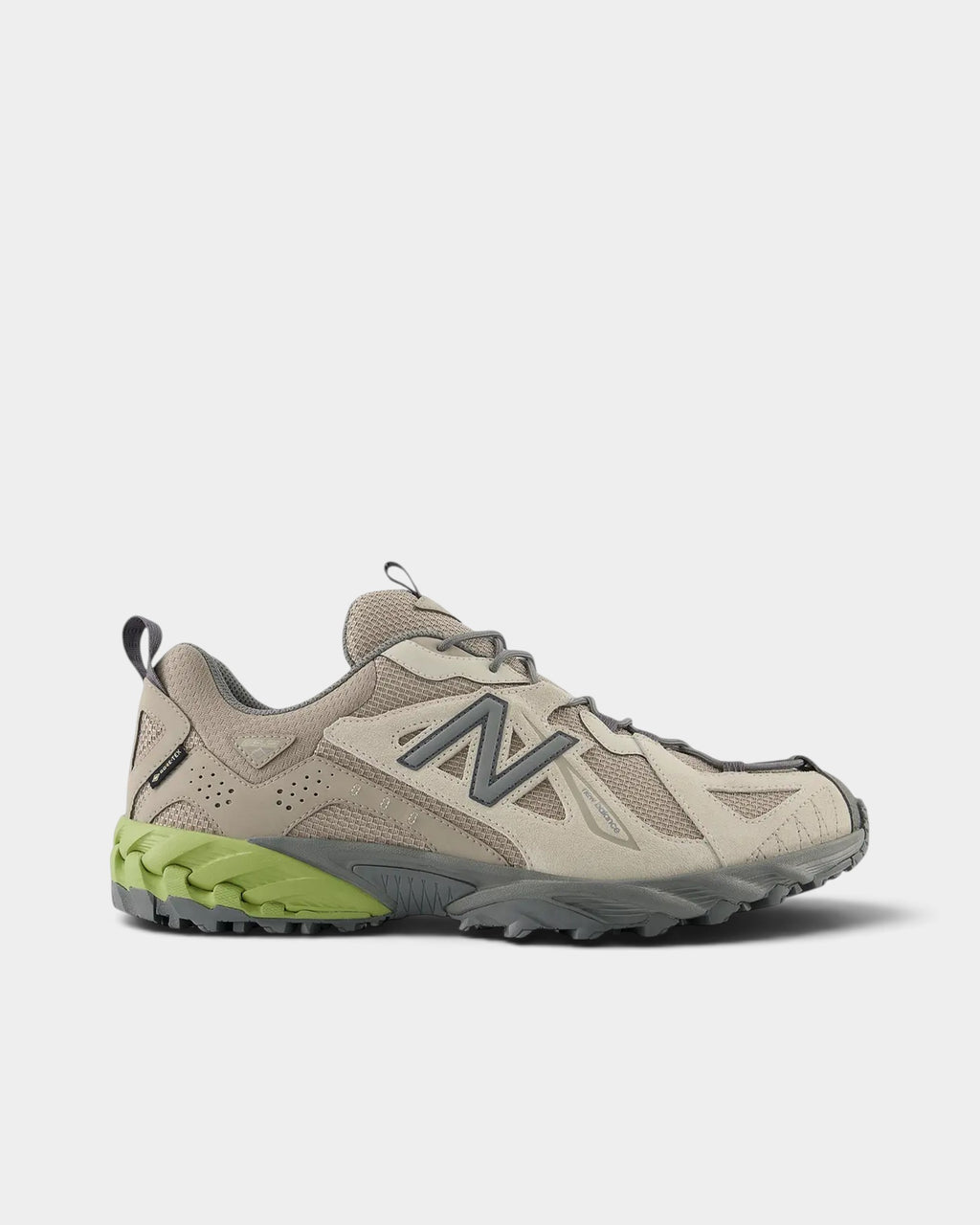 Lockwood Avenue New Balance 610Xv1 Gore-Tex trail shoes in light mushroom and timberwolf with mesh and synthetic upper.