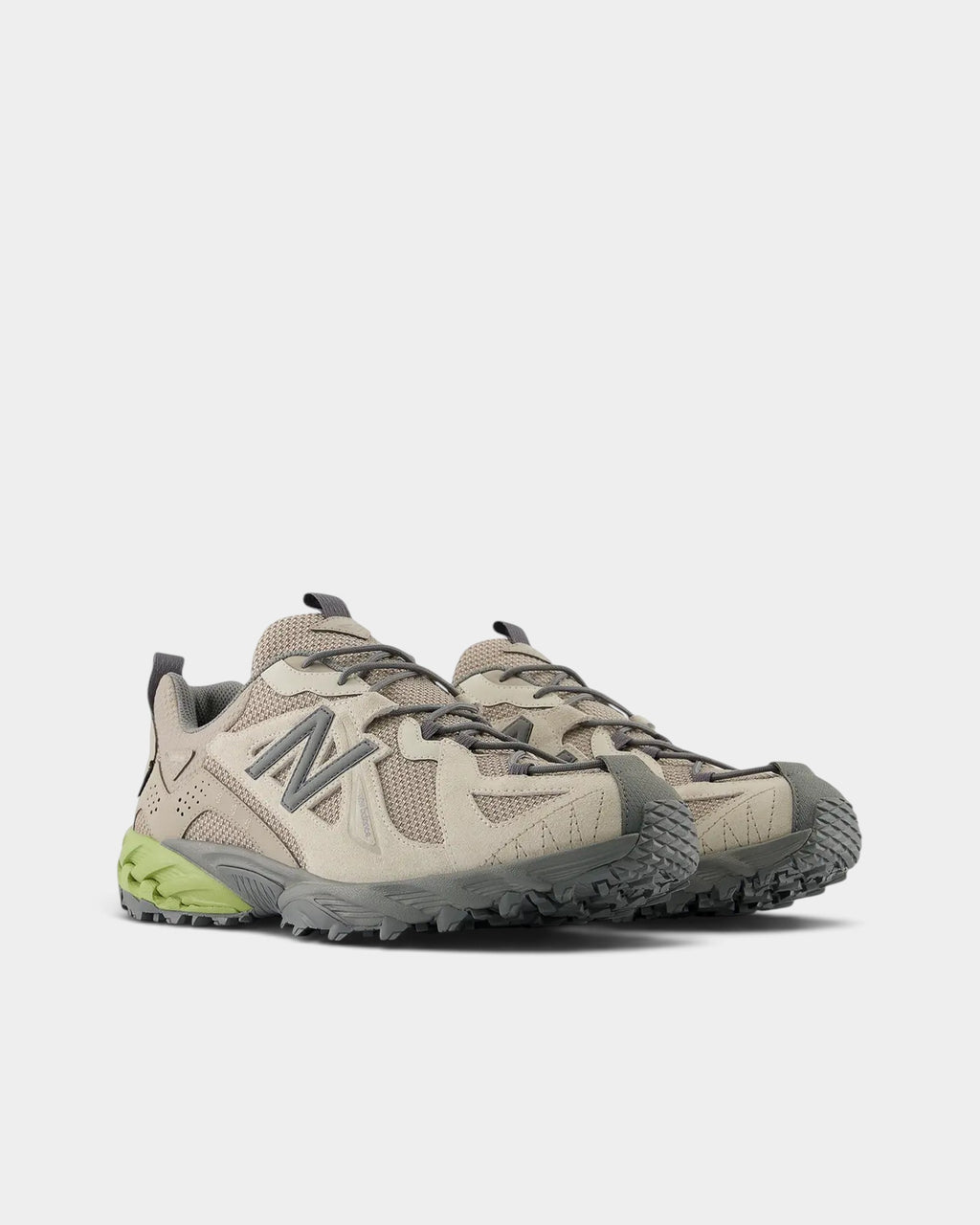 Lockwood Avenue New Balance 610Xv1 Gore-Tex trail shoes in light mushroom and timberwolf with a green C-CAP midsole.