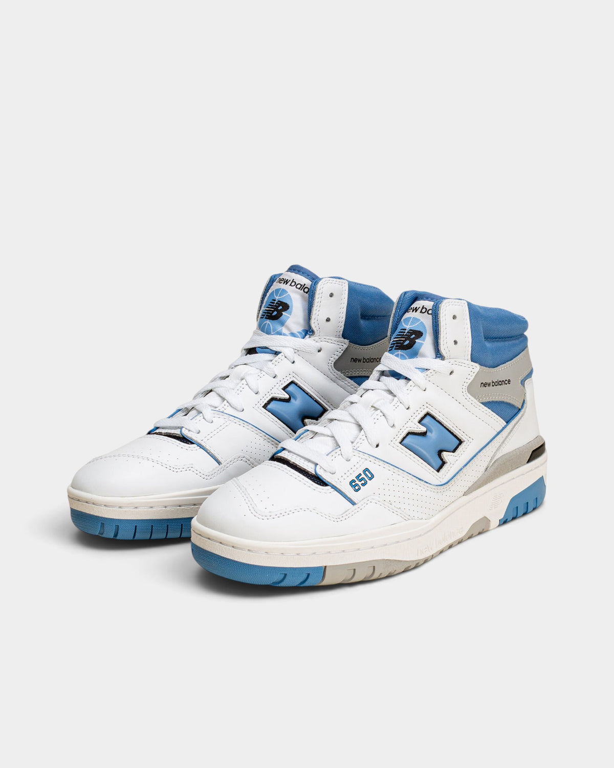 Lockwood Avenue New Balance 650 high-top basketball sneakers in white leather with heritage blue and gray accents.