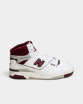 Lockwood Avenue New Balance 650 high-top sneakers in white leather with burgundy accents and gray heel detailing.