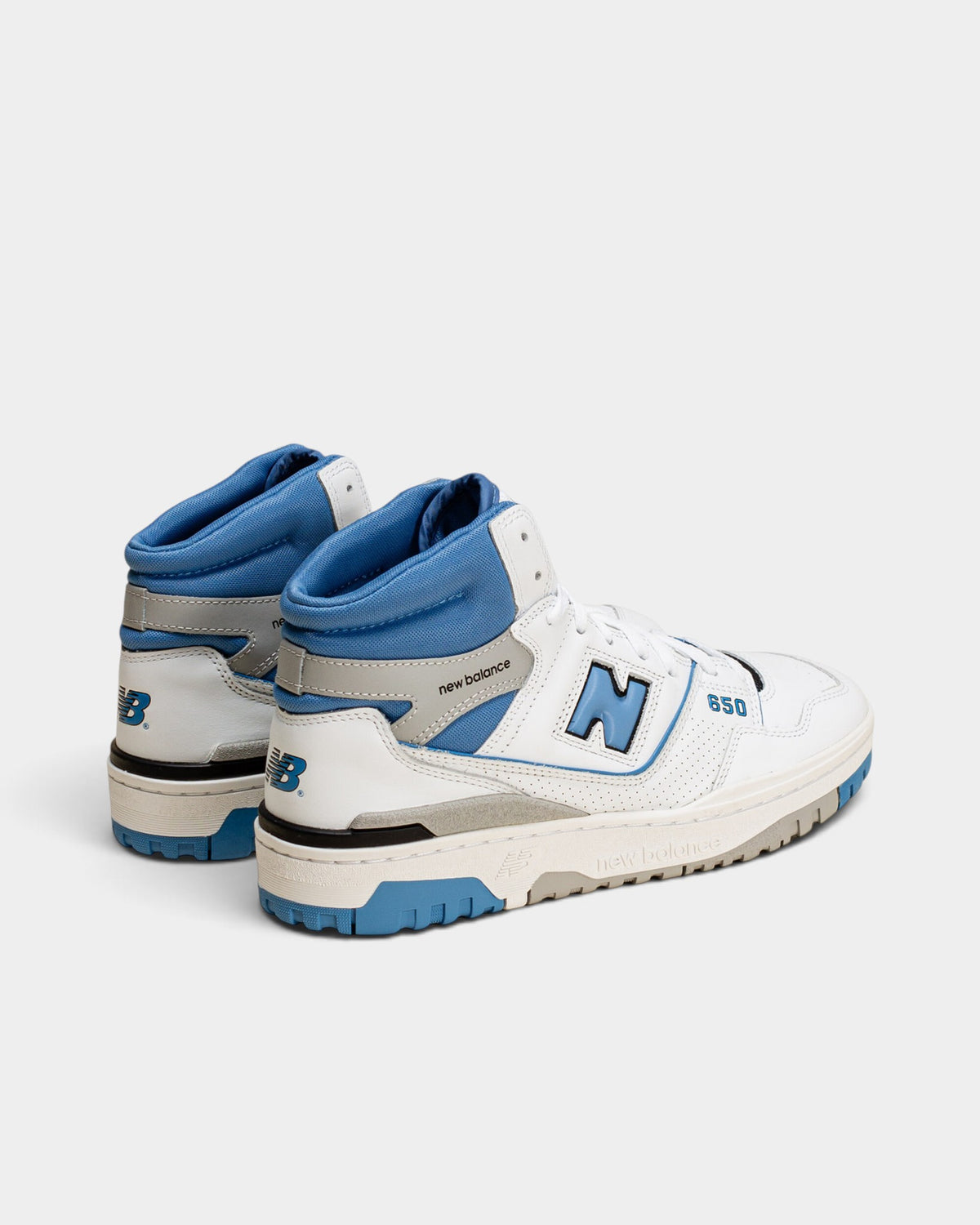 Lockwood Avenue New Balance 650 high-top basketball sneakers in white leather with heritage blue and gray accents