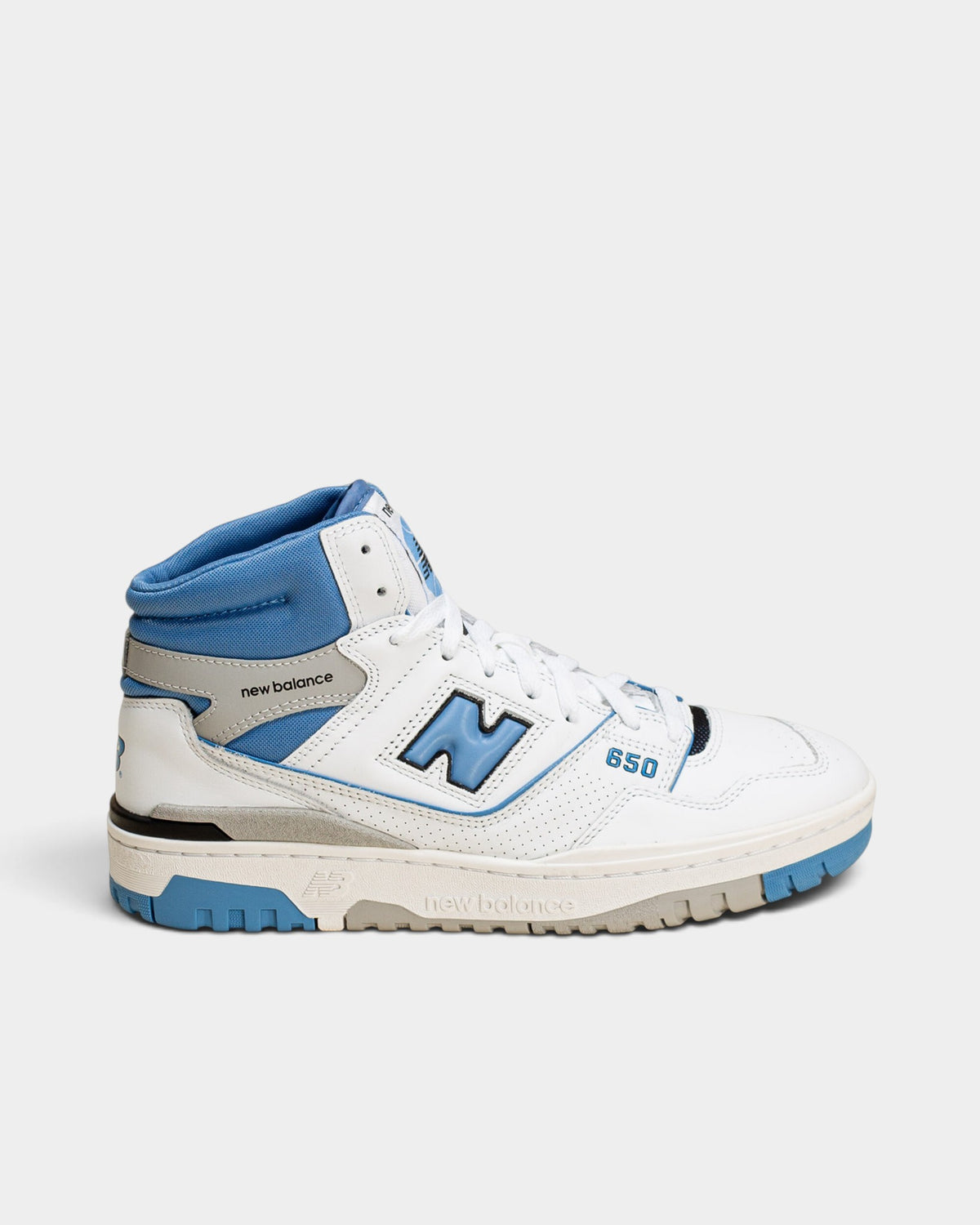 Lockwood Avenue New Balance 650 high-top basketball sneakers in white leather with heritage blue and gray accents.