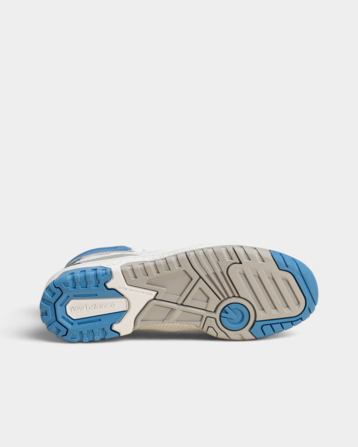 Lockwood Avenue New Balance 650 high-top sneaker rubber outsole in blue, gray, and white with traction pattern