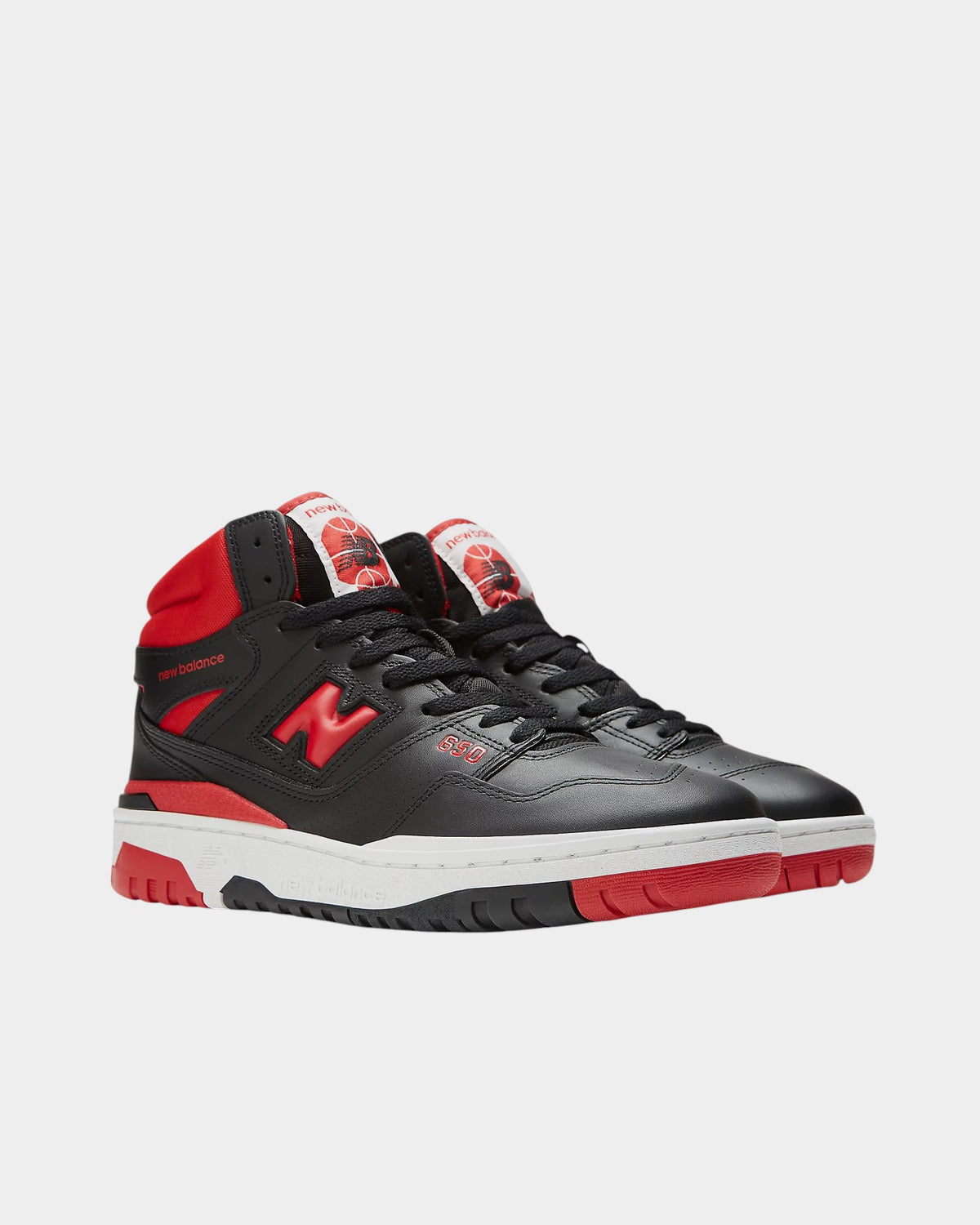 Lockwood Avenue New Balance 650R high-top basketball sneakers in black leather with red and white accents