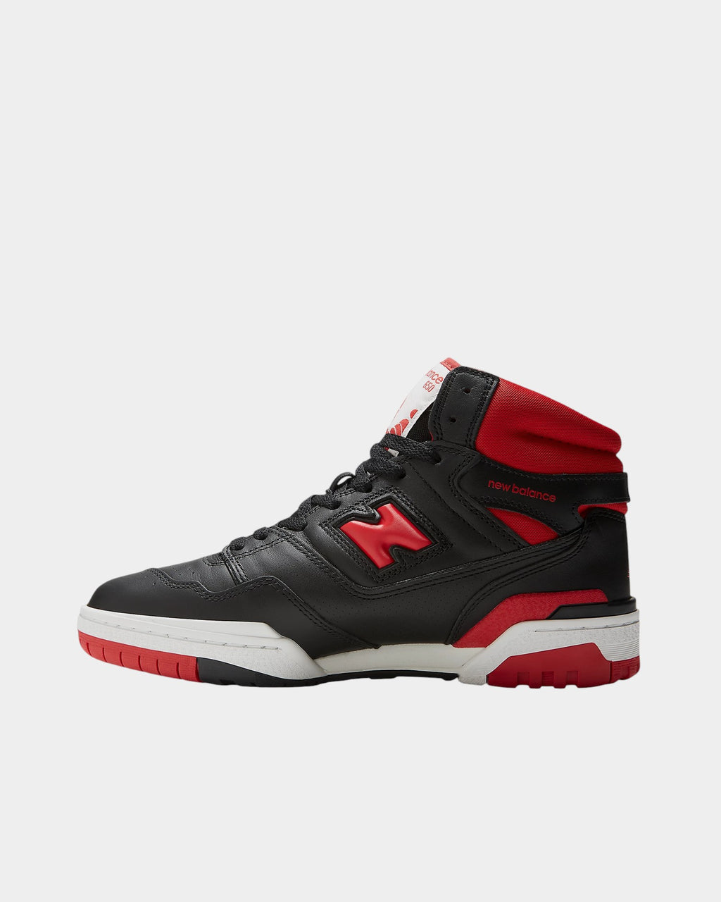 Lockwood Avenue New Balance 650R high-top basketball sneakers in black leather with red accents and white midsole.