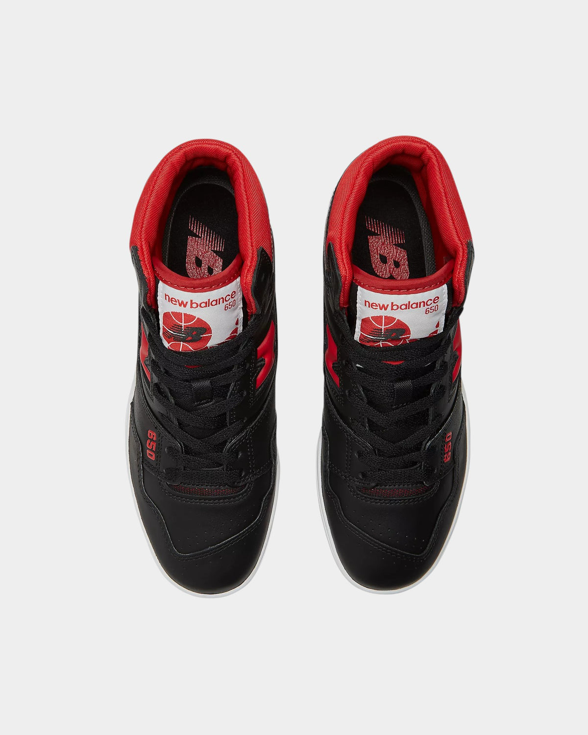 Lockwood Avenue New Balance 650R high-top basketball sneakers in black leather with red and white accents