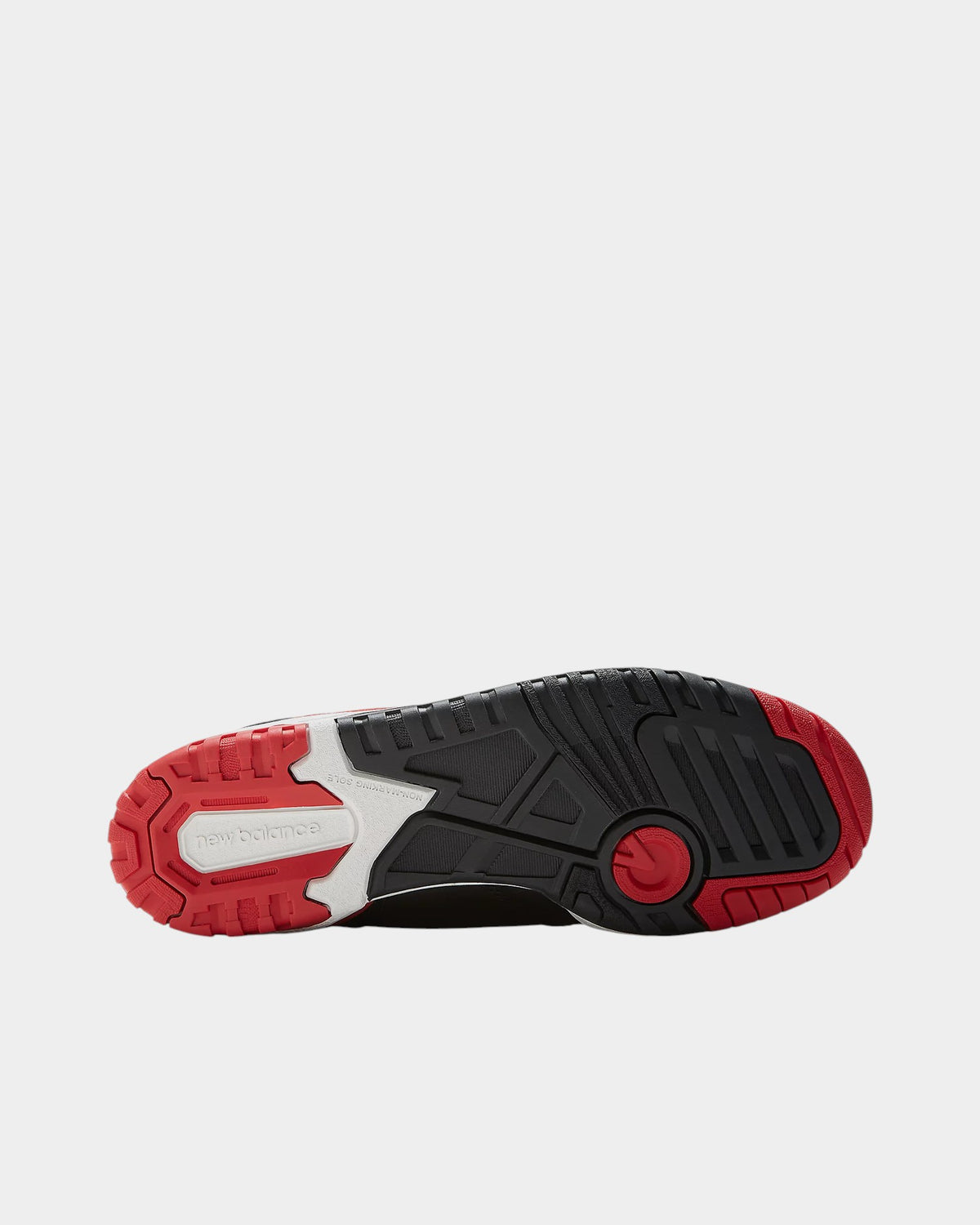 Lockwood Avenue New Balance 650R high-top sneaker showing the black, red, and white rubber basketball tread outsole