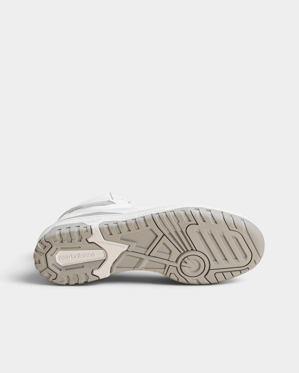 Lockwood Avenue New Balance 650R hi-top sneaker showing the gray rubber outsole with patterned tread design