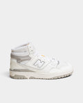 Lockwood Avenue New Balance 650R hi-top sneakers in white and raincloud gray leather with suede overlays.