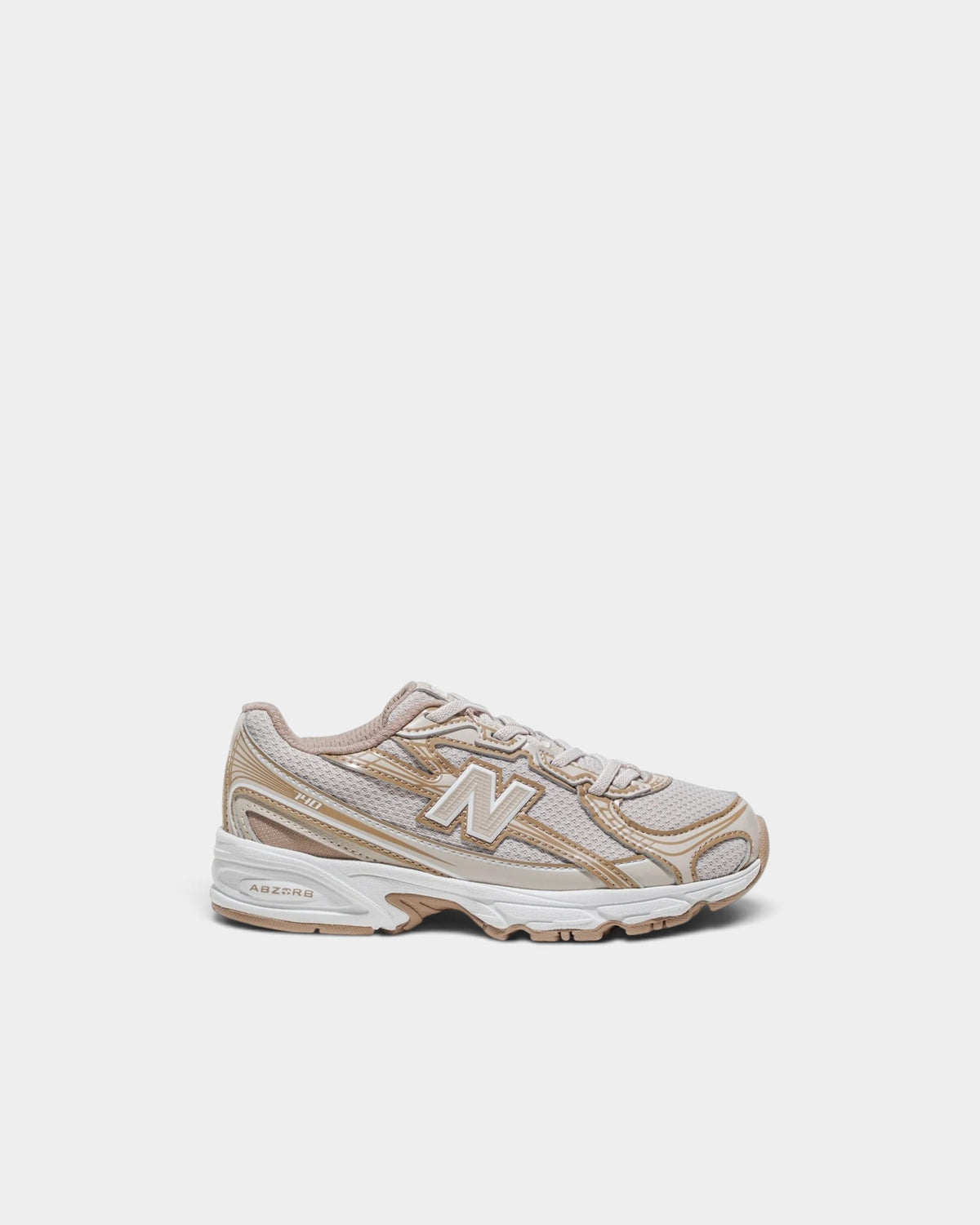 Lockwood Avenue New Balance 740 kids sneakers in beige and white mesh with bungee laces and ABZORB midsole