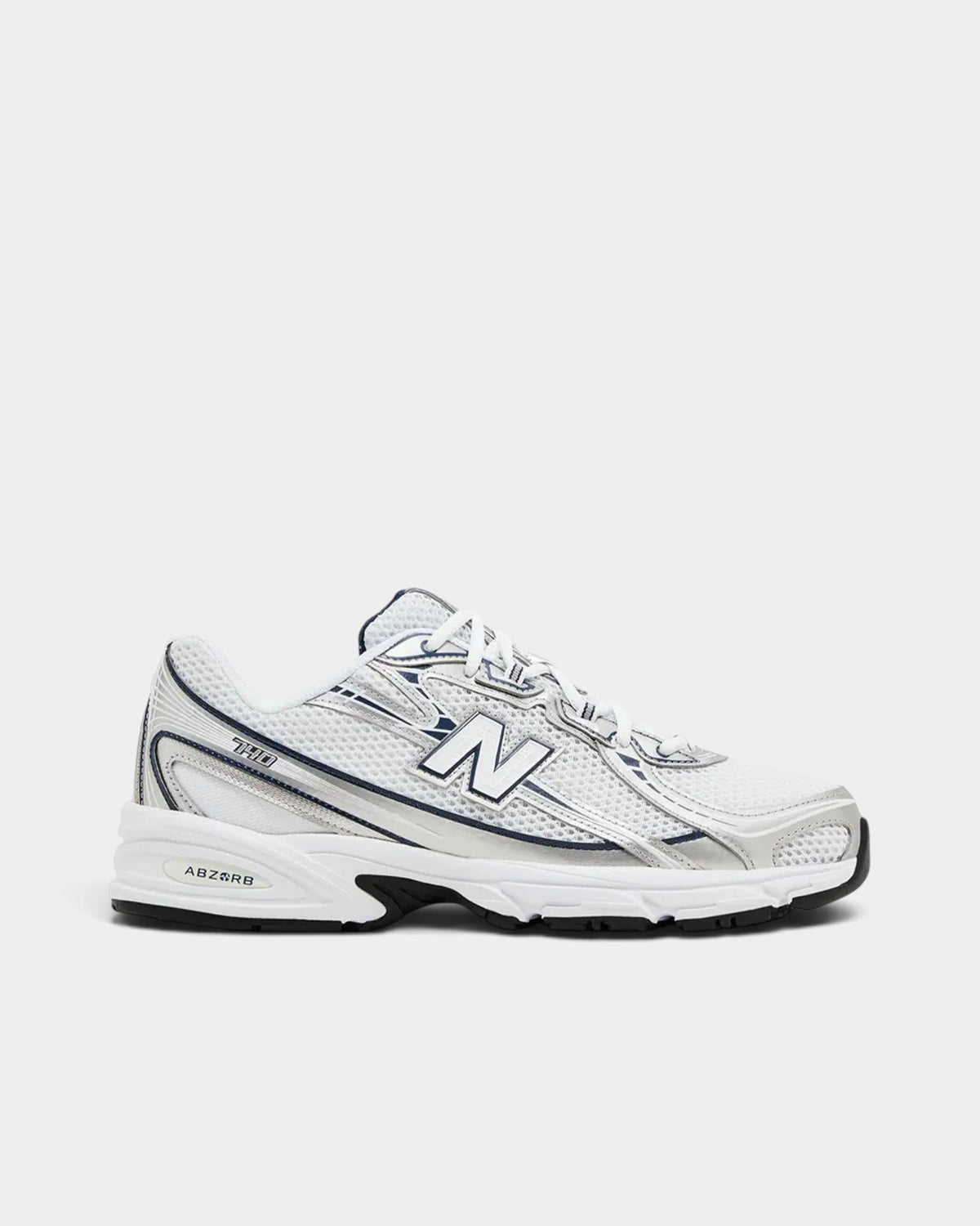 Lockwood Avenue New Balance 740v2 running shoes in white mesh with shadow gray overlays and navy blue accents.